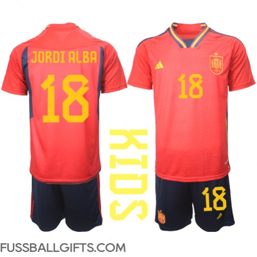 Spanien Jordi Alba #18 Fußballbekleidung Heimtrikot Kinder WM 2022 Kurzarm (+ kurze hosen)